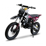 A youth dirt bike with a black and pink zebra-stripe pattern, featuring a black seat, knobby tires, and a number 65 decal on the front fender, shown on a white background with a shadow.