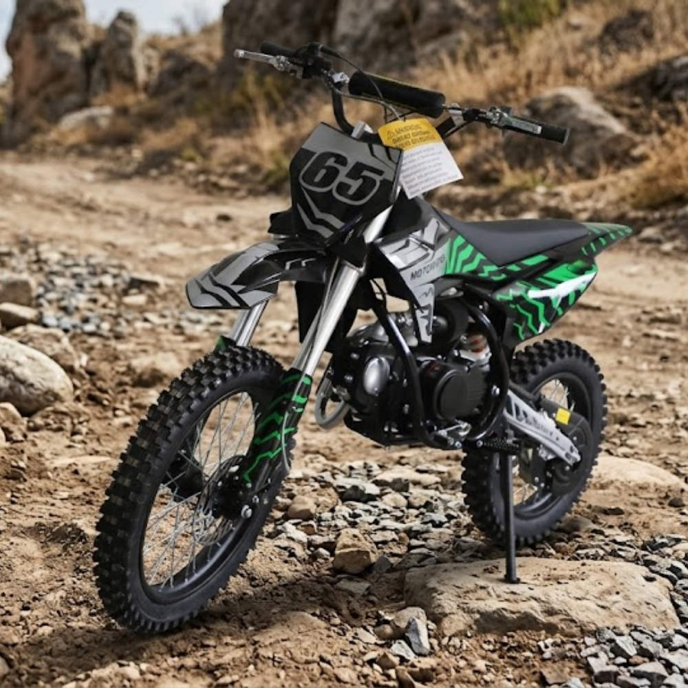 A youth dirt bike with green and black graphics, number 65 on the front plate, parked on a rocky dirt trail with a rocky background.