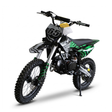 A youth dirt bike with a black and green graphic design, featuring a black seat, knobby tires, and a front number plate displaying '65', shown on a white background with its kickstand deployed.
