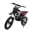 A youth dirt bike with a black, silver, and red color scheme, featuring the number 65 on the front number plate, photographed on a white background with a reflection.