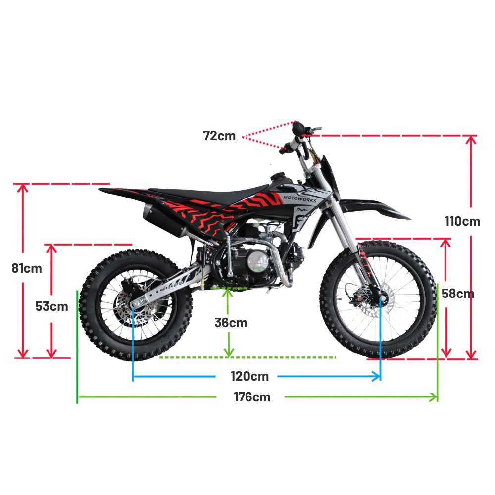 A side-view measurement diagram of a dirt bike with red, blue, and green dimension lines and labels showing wheelbase, seat height, ground clearance, and tire width on a white background.