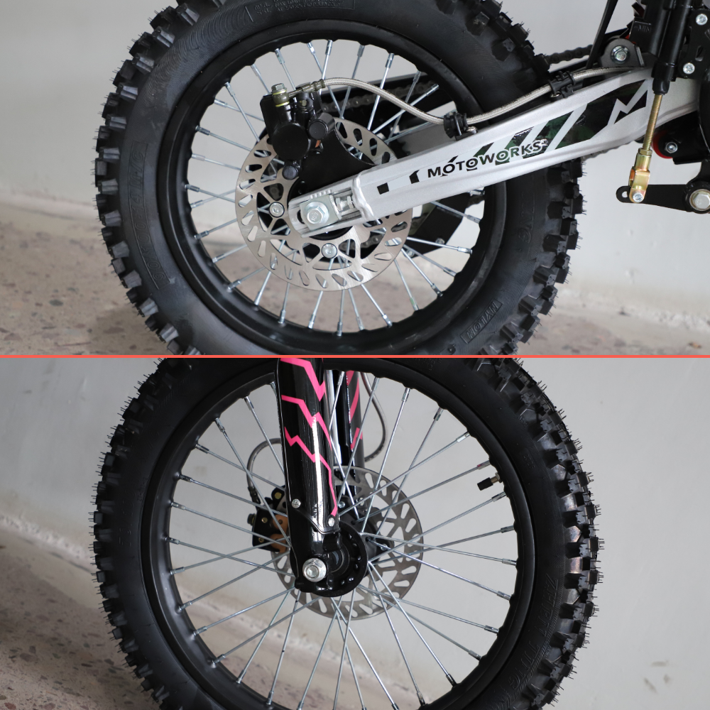 Close-up of a dirt bike or motorcycle front wheel assembly, shown in two stacked views. The top view shows the rear wheel with a silver MOTOWORKS swingarm, black knobby tire, and silver disc brake.