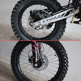Close-up of a dirt bike or motorcycle front wheel assembly, shown in two stacked views. The top view shows the rear wheel with a silver MOTOWORKS swingarm, black knobby tire, and silver disc brake.
