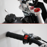 Close-up of a motorcycle handlebar area showing black grips, silver metal controls, and red switch details against a plain light background.