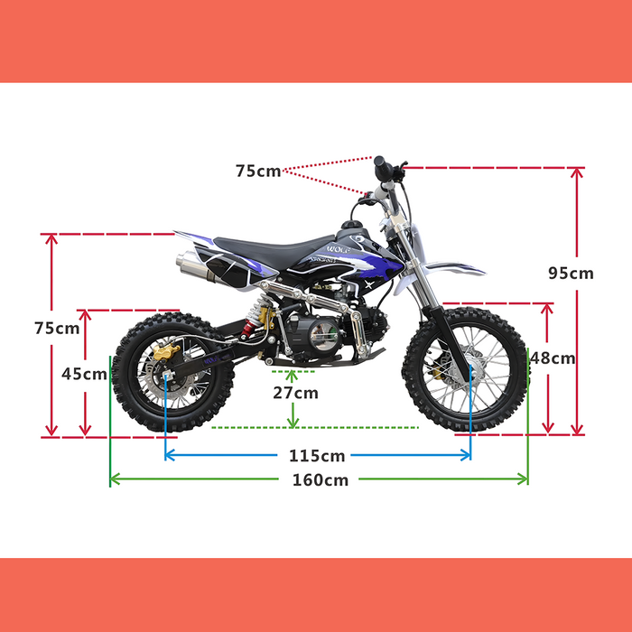 dimensions of Motoworks 125cc Petrol Powered 4-Stroke 4-Speed Manual Kids Dirt Bike X - Pink