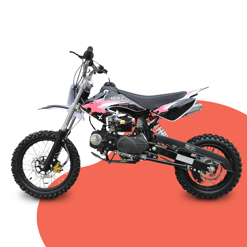 side view of Motoworks 125cc Petrol Powered 4-Stroke 4-Speed Manual Kids Dirt Bike X - Pink