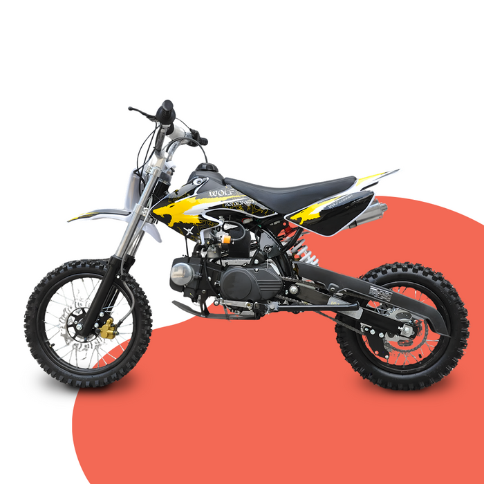 side view of Motoworks 125cc Petrol Powered 4-Stroke 4-Speed Manual Kids Dirt Bike X - Yellow