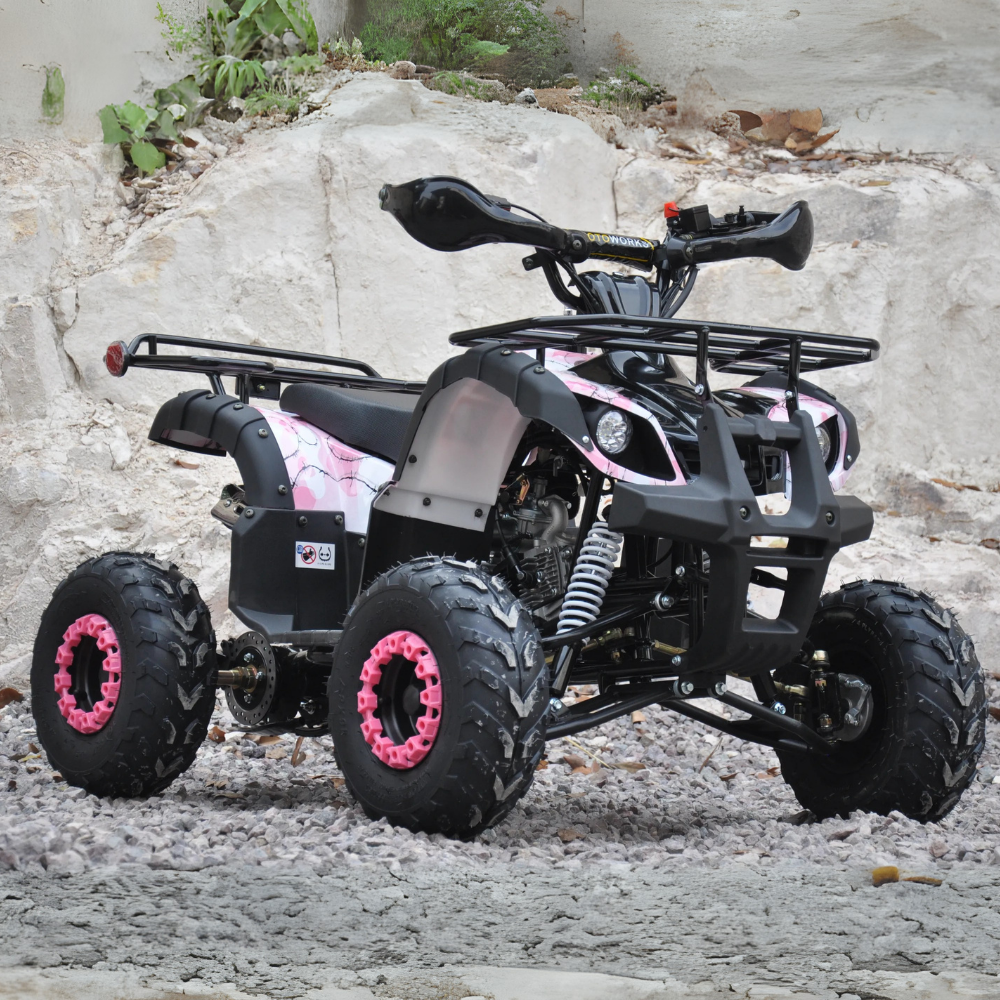 Rear-right angled view of the quad bike on a rocky surface.

