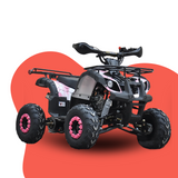 A black and pink kids’ quad bike with red hubcaps displayed against a red abstract background.