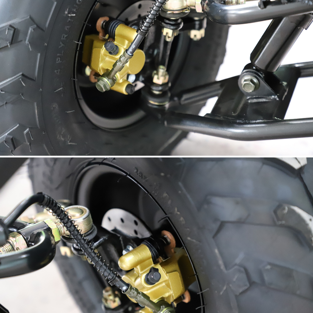 Rear wheel and disc brake, showing the braking system and tyre tread.