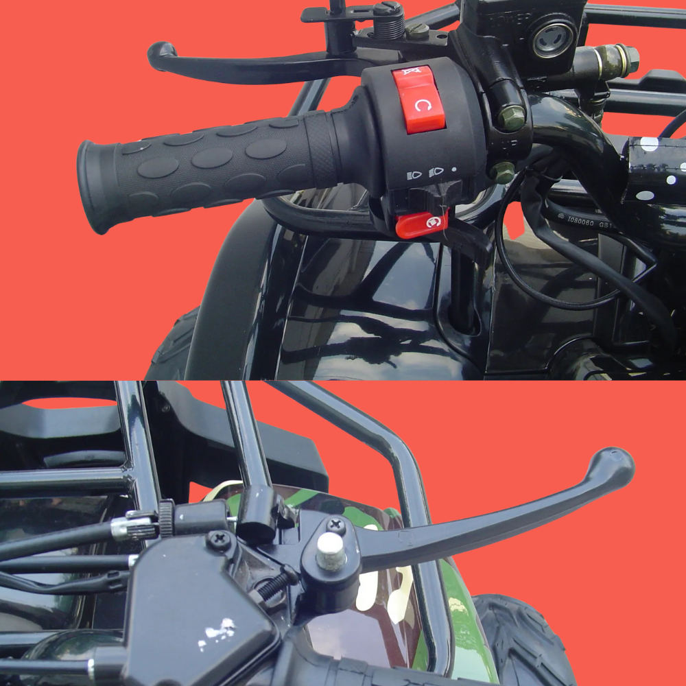 Handlebar controls, including throttle, brake lever, and starter button.
