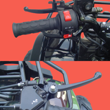 Handlebar controls, including throttle, brake lever, and starter button.