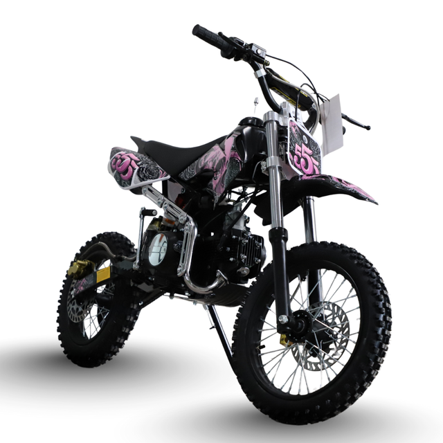 Black and pink dirt bike on a white background