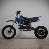 Small off-road motorcycle with a blue and black design on a gray background