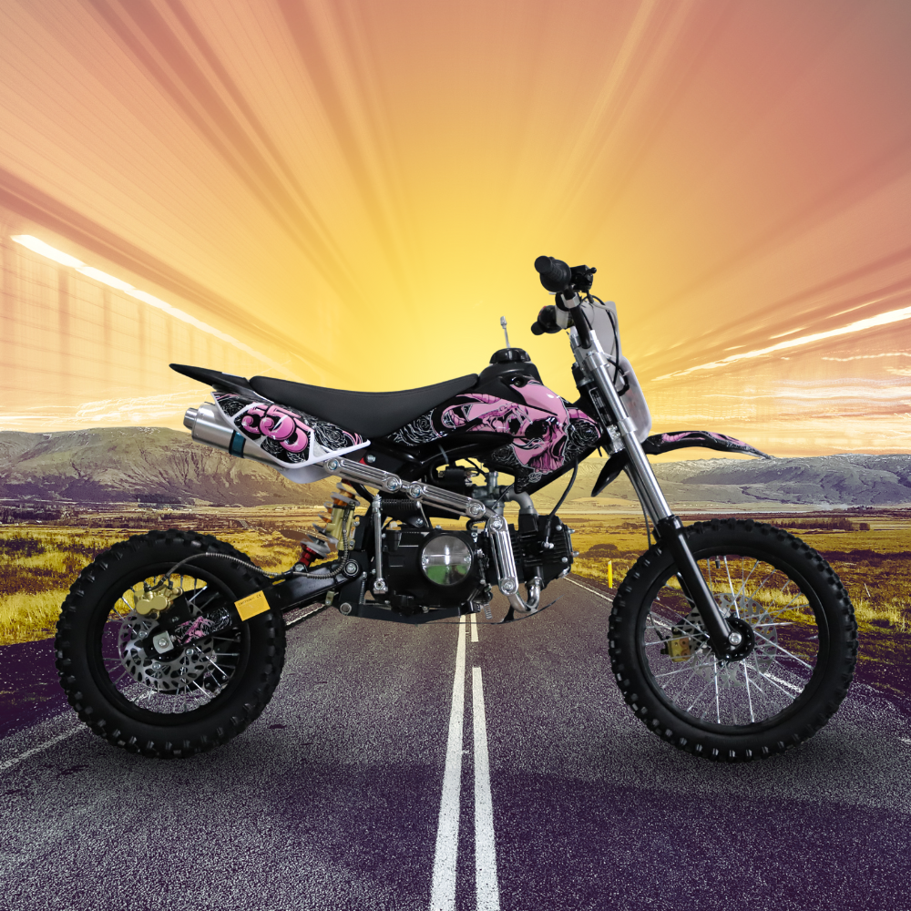 Motorcycle on a road with a colorful sky background