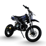 Black and blue dirt bike on a white background
