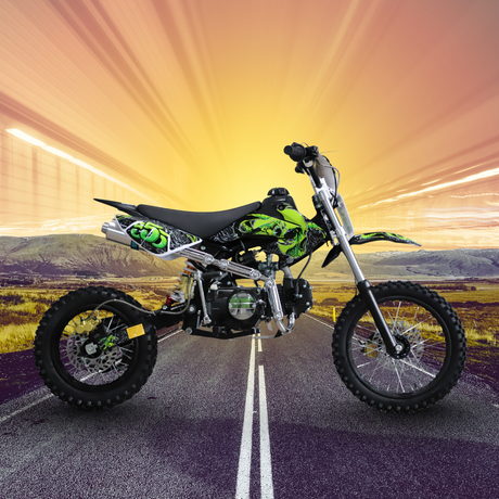Motorcycle on a road with a colorful sky background