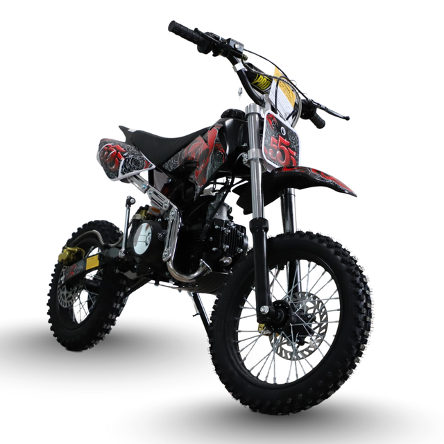 Black and red dirt bike on a white background
