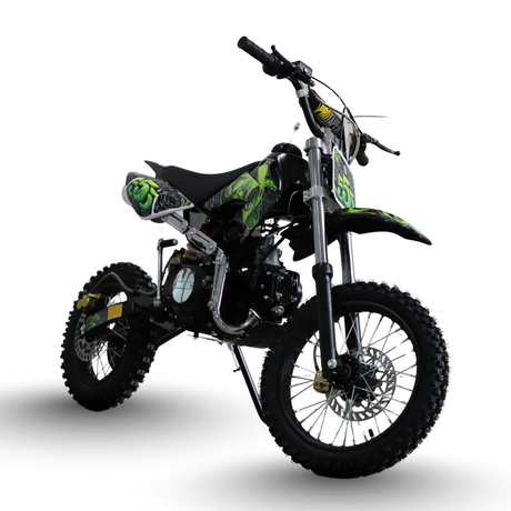 Black and green dirt bike on a white background