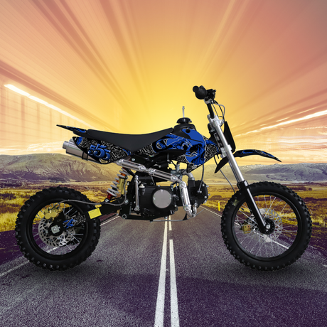 Motorcycle on a road with a sunset background