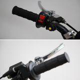 Close-up of a motorcycle or bicycle handlebar assembly with a black textured grip, silver lever, black switch housing with a red button, and a small yellow adjustment knob, shown in two cropped views against a light gray background.
