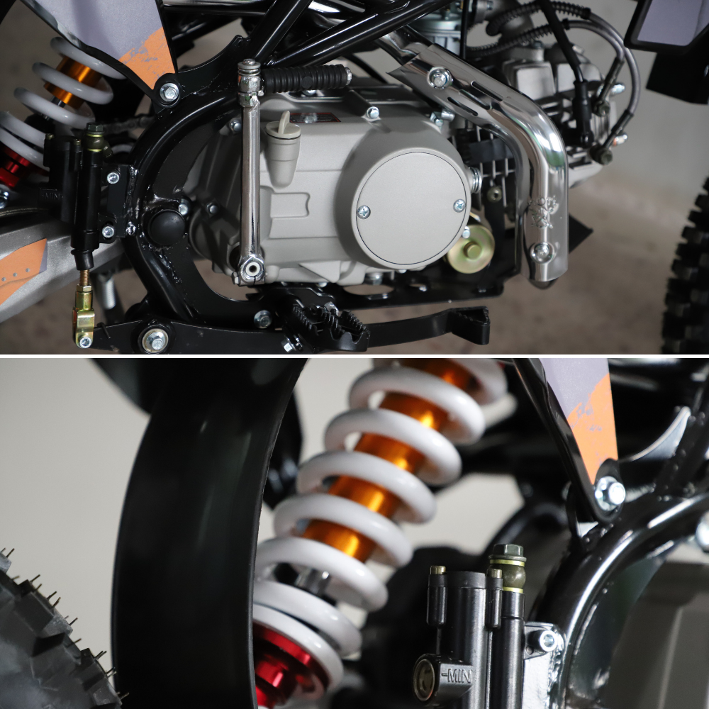 Close-up detail shots of a motorcycle or dirt bike engine and rear suspension, showing a black engine casing, silver metal components, orange and white coil springs, and part of the wheel.