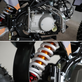 Close-up detail shots of a motorcycle or dirt bike engine and rear suspension, showing a black engine casing, silver metal components, orange and white coil springs, and part of the wheel.