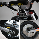 A collage showing close-up details of a dirt bike or motorcycle: the top panel shows the handlebar area with a black foam bar end and silver fork, the left bottom panel shows the rear wheel with chain guard and disc brake, and the right bottom panel shows the front wheel with knobby tire and disc brake.