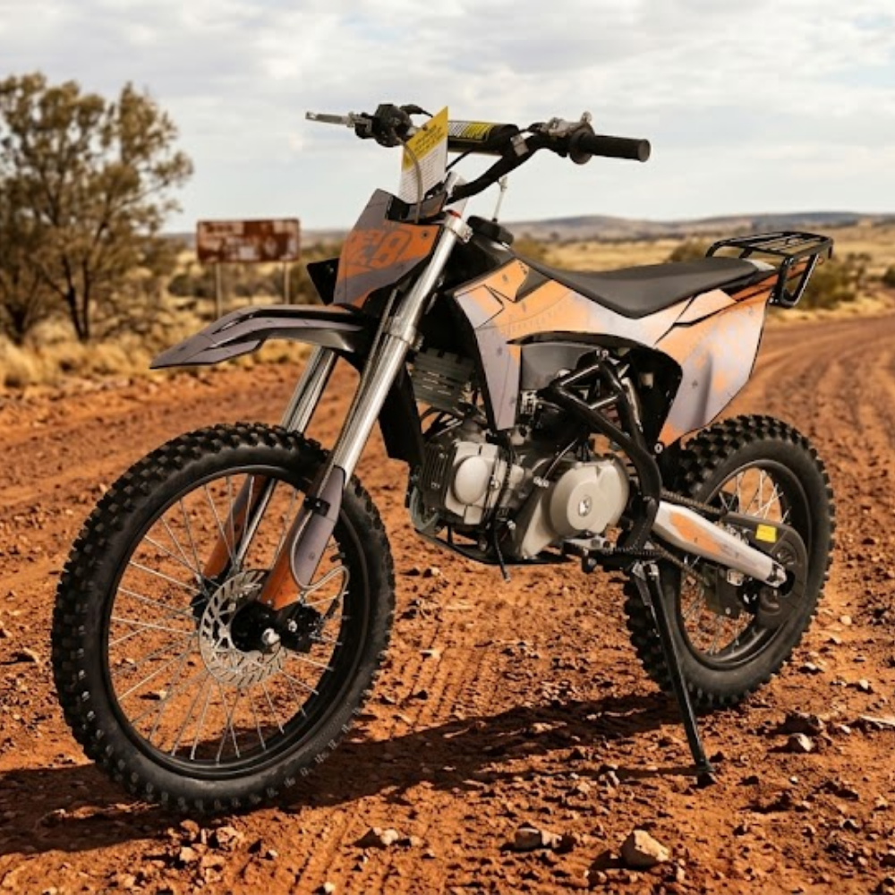 A small off-road dirt bike with orange, black, and white graphics, parked on a red dirt road in an outdoor desert landscape.