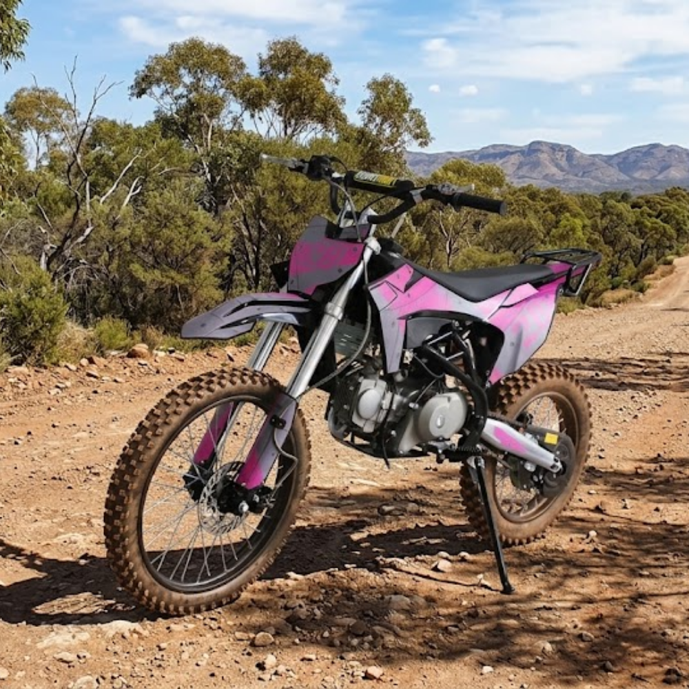 A pink and black dirt bike with knobby off-road tires parked on a dirt path in an outdoor desert landscape with trees and mountains in the background.