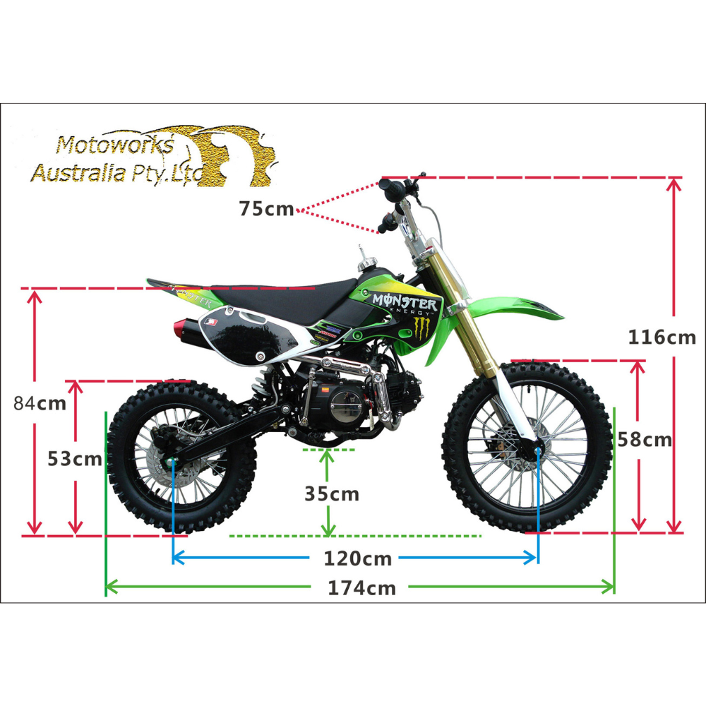 Front-facing view of the bike, with green number decals and off-road handlebar positioning.