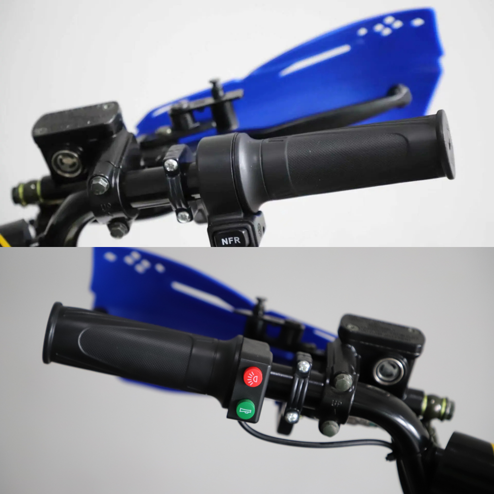 Close-up of motorcycle handlebar with black grips and control buttons on a gray background