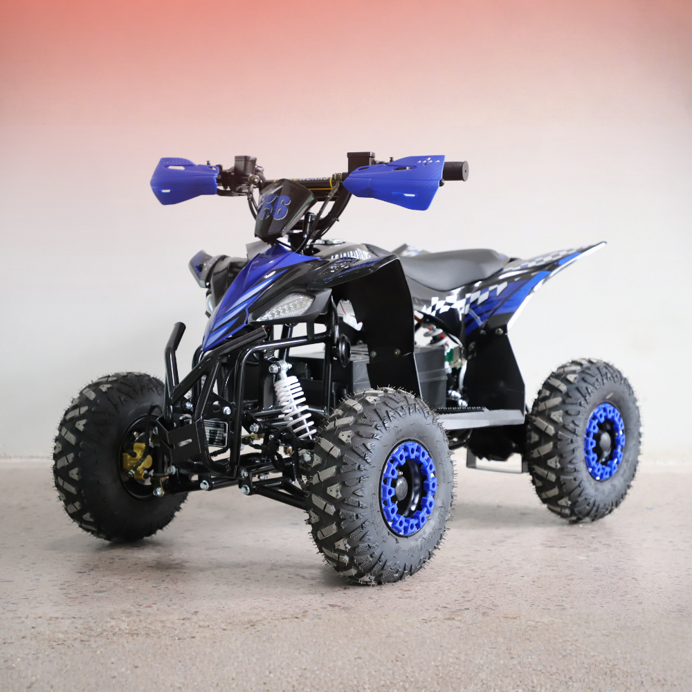 Blue and black ATV on a light background