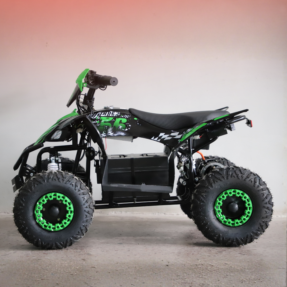 Black and green ATV on a gray background