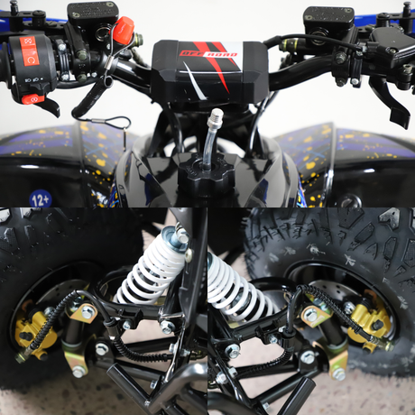 Close-up front view of a black quad bike or ATV with visible handlebars, front suspension springs, wheels, and decals on the fenders against a plain light background.