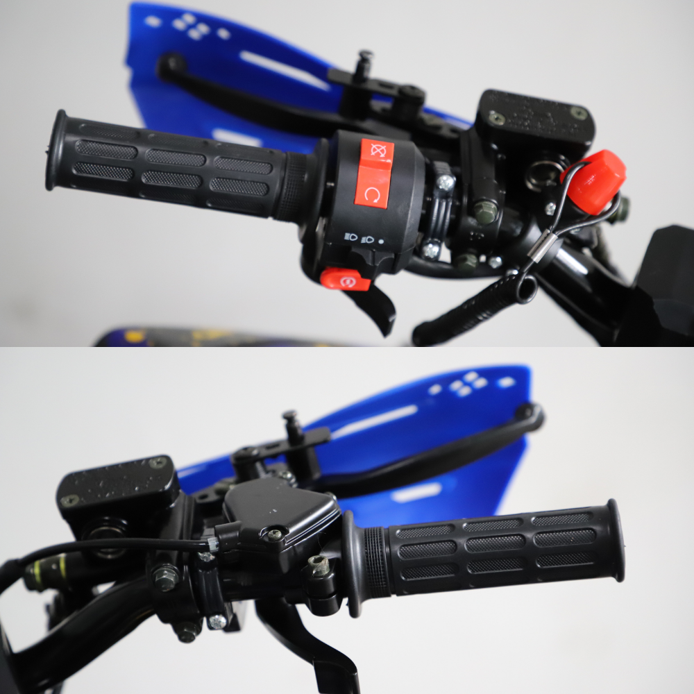 Close-up of a motorcycle or scooter handlebar assembly with black textured grips, blue plastic fairing, red switch buttons, and black controls on a light gray background.