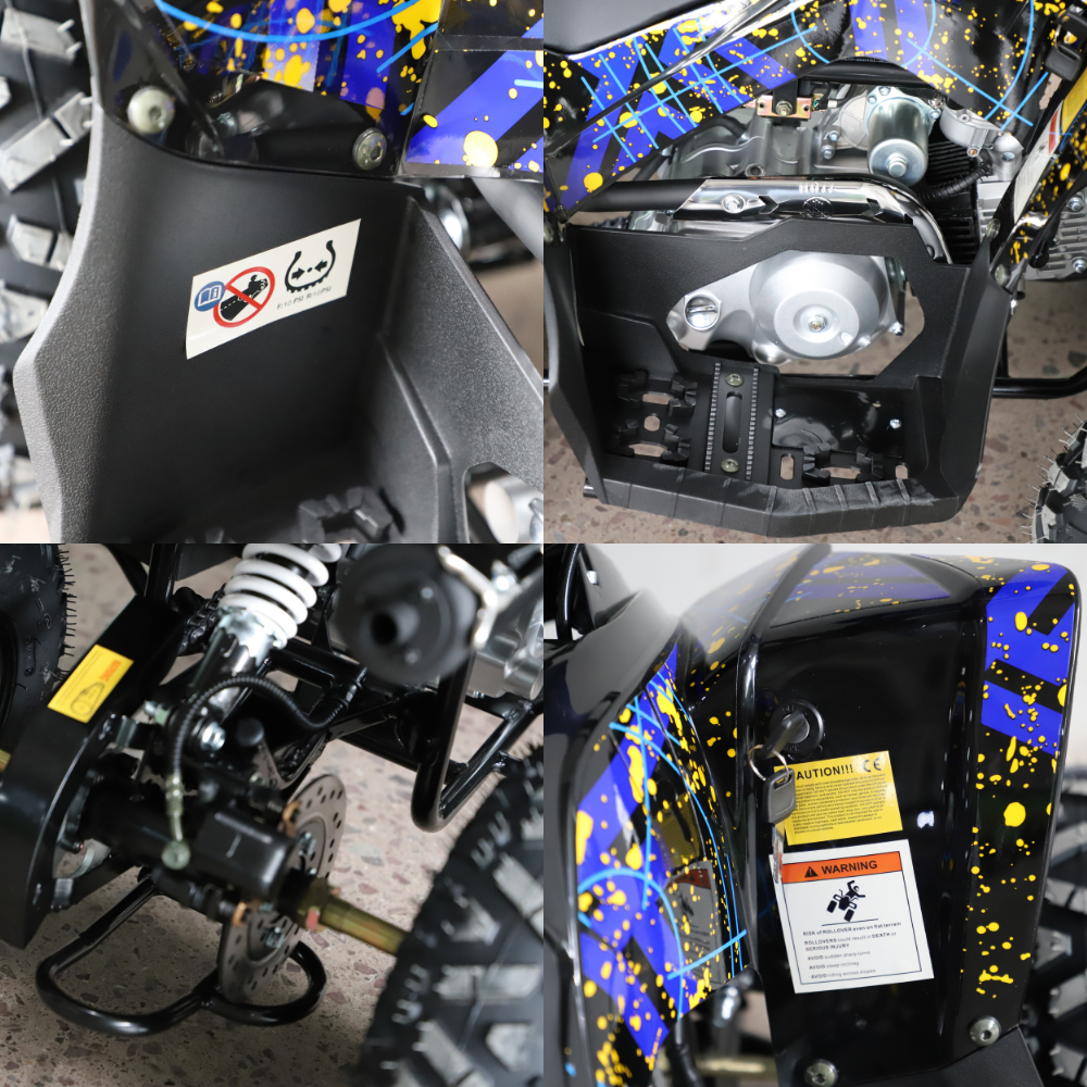 A four-panel close-up collage showing details of a black off-road dirt bike or ATV, including the side panel with blue and yellow paint splatter graphics, the engine area, the rear suspension and wheel, and a warning label on the side panel.