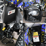 A four-panel close-up collage showing details of a black off-road dirt bike or ATV, including the side panel with blue and yellow paint splatter graphics, the engine area, the rear suspension and wheel, and a warning label on the side panel.
