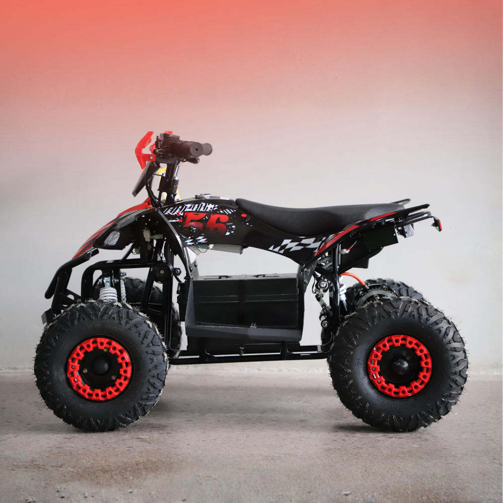 Black and red ATV on a gray floor with a gradient background