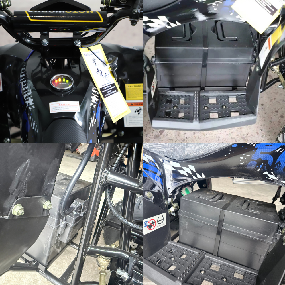 Collage of a motorcycle with close-up details including the front, seat, and storage compartments.