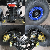 Collage of close-up images of a vehicle's wheel and suspension system.