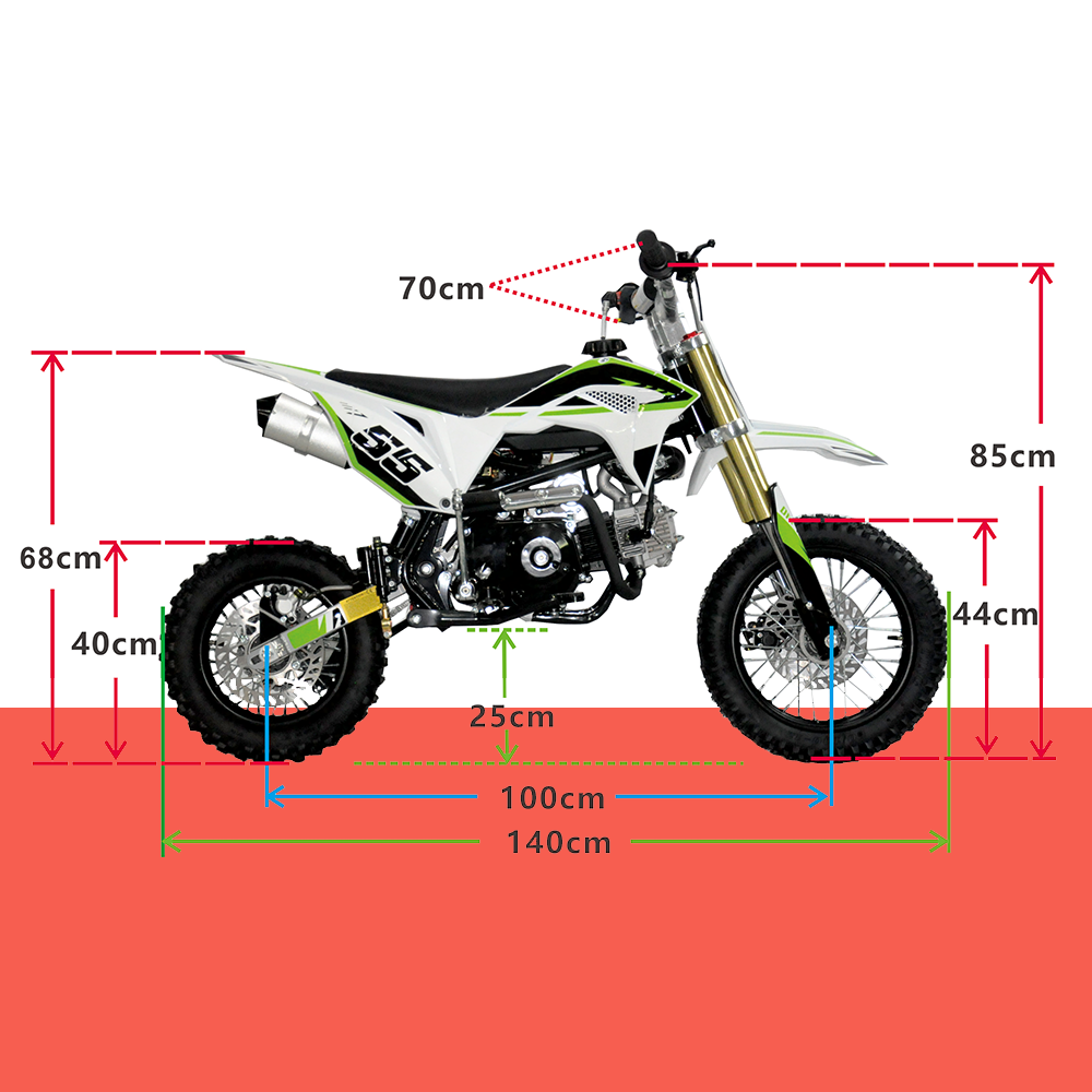 A diagram showing the technical dimensions of the dirt bike, including measurements for reference.