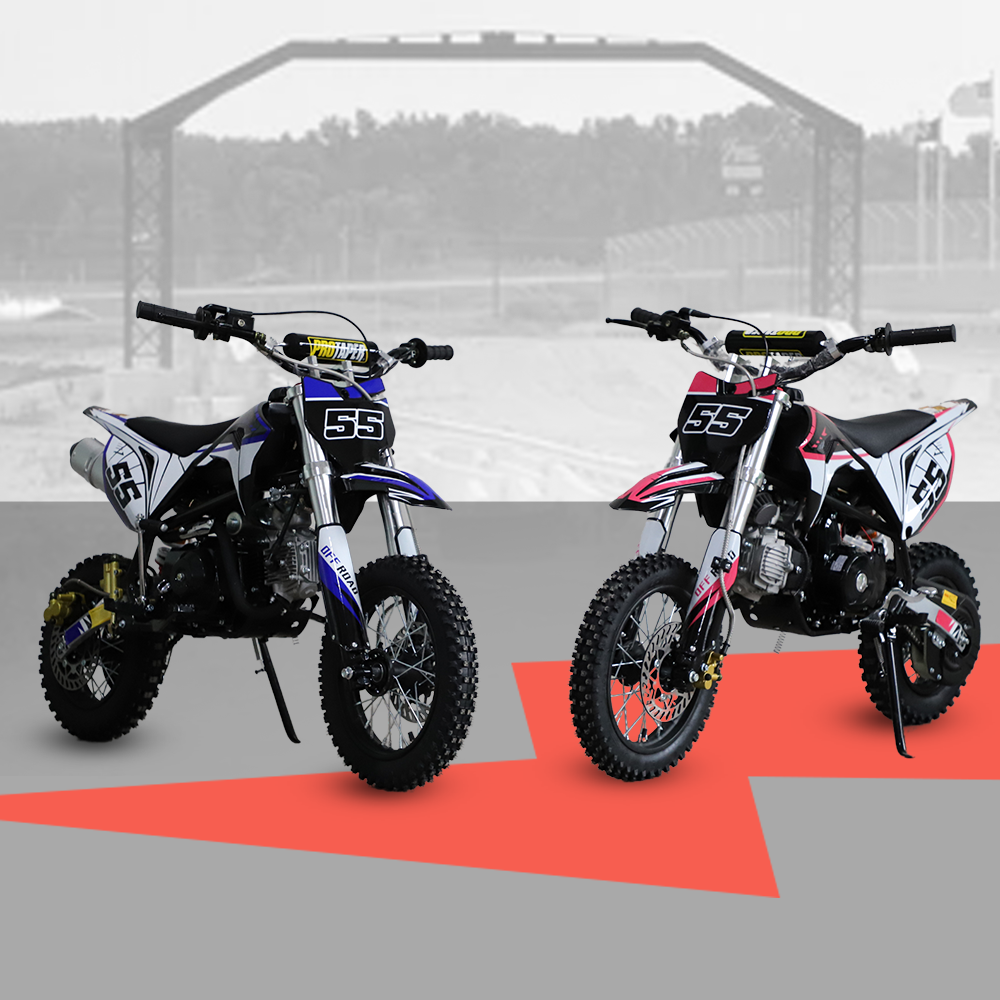 A distant side-by-side view of three dirt bikes in an outdoor setting with a grey and red base, illustrating different angles.