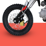 A close-up of the dirt bike’s front wheel and suspension, highlighting the braking system and tyre tread.