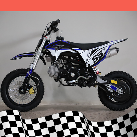 A front-left angled view of the dirt bike, showing off the front suspension and handlebars, on a background with a black and white checkered base