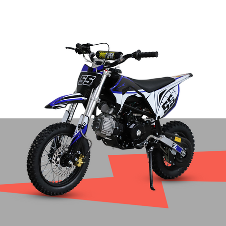 A full side view of a blue and white dirt bike on a grey background with a red arrow graphic.