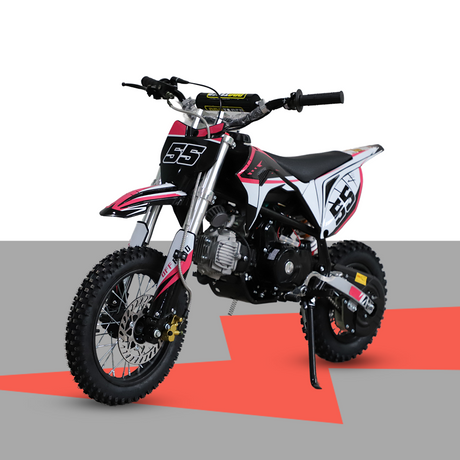 A full side view of a blue and white dirt bike on a grey background with a red arrow graphic.