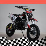 A front-left angled view of the dirt bike, showing off the front suspension and handlebars, on a background with a black and white checkered base.