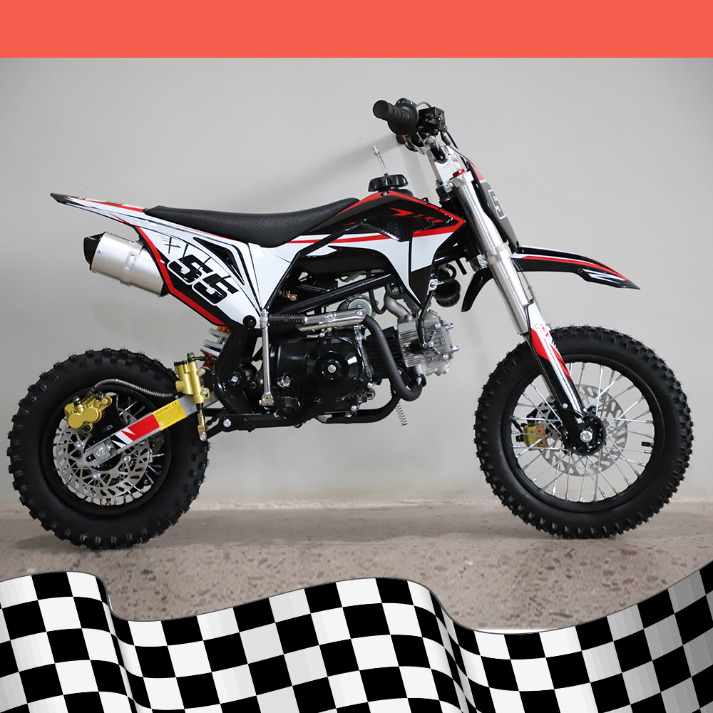 A full side view of a red and white dirt bike on a grey background with a red arrow graphic.