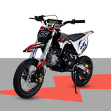 A full side view of a red and white dirt bike on a grey background with a red arrow graphic.